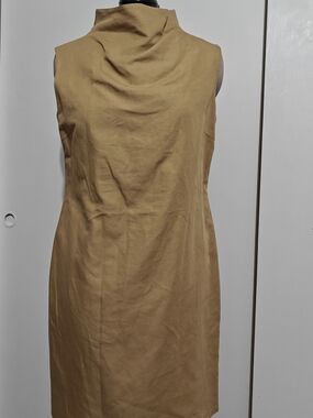 Sleeveless High-Neck Tan Shift Dress